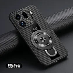 Luxury Silicone Magnetic Ring Holder Sheepskin Leather & Plexiglass Black Case Cover for OPPO Find X9 Pro (Carbon Fiber Patten)
