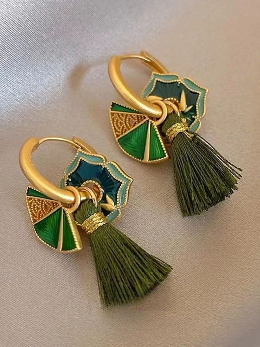 Women Ethnic Glaze Flower Zircon Jade S925sliver Earrings