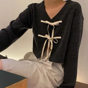 Deeptown Lace Up Coquette Bow Cardigan Y2K Crop Knitwear Vintage Korean Fashion Women's Sweater Spring Knit Loose Sweet Casual