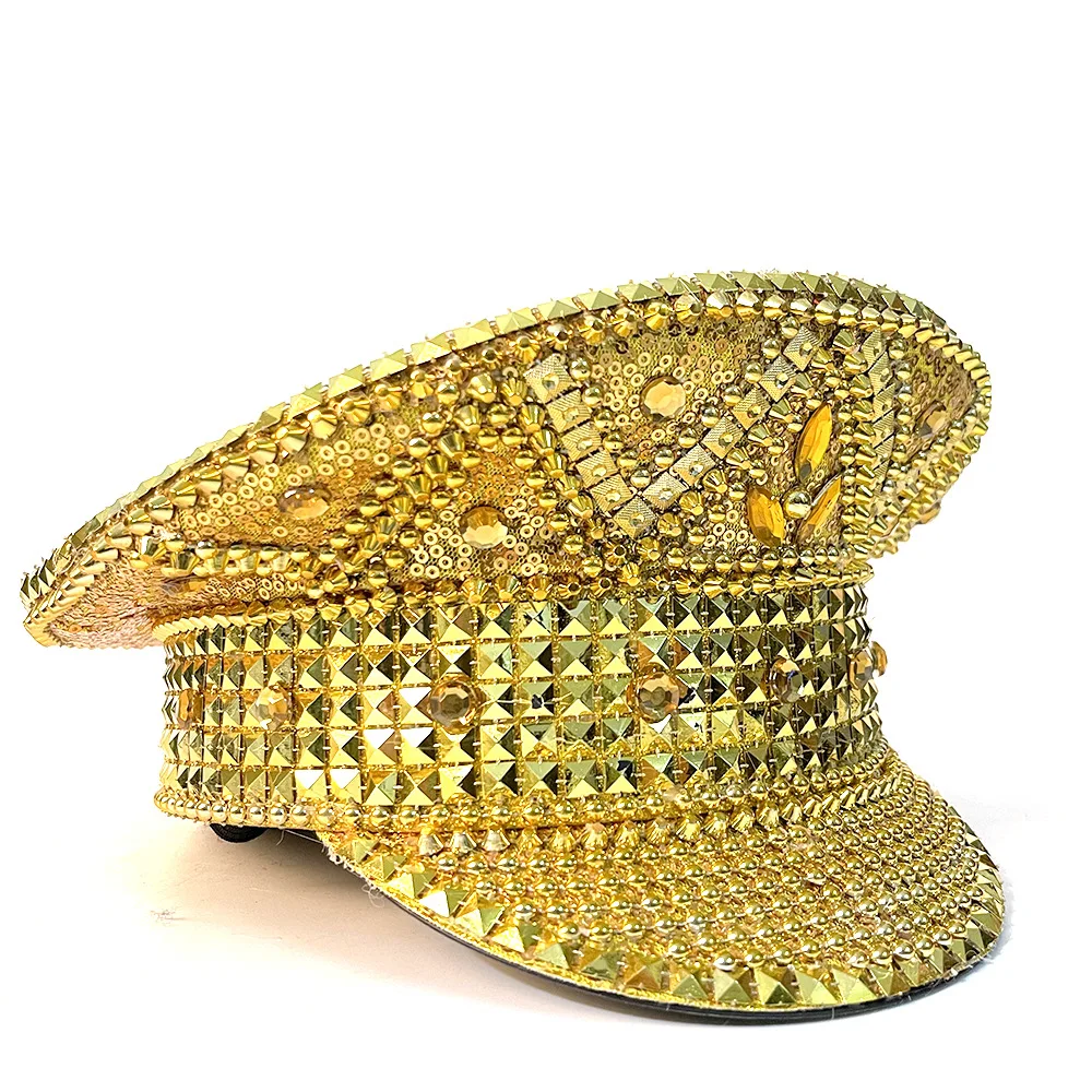 Frauen Strass Deluxe Niet Gold Militär hut hand gefertigte Deluxe Kapitän Sergeant Hut Strass Braut Hochzeit Hut Gorras Para – Detail 7