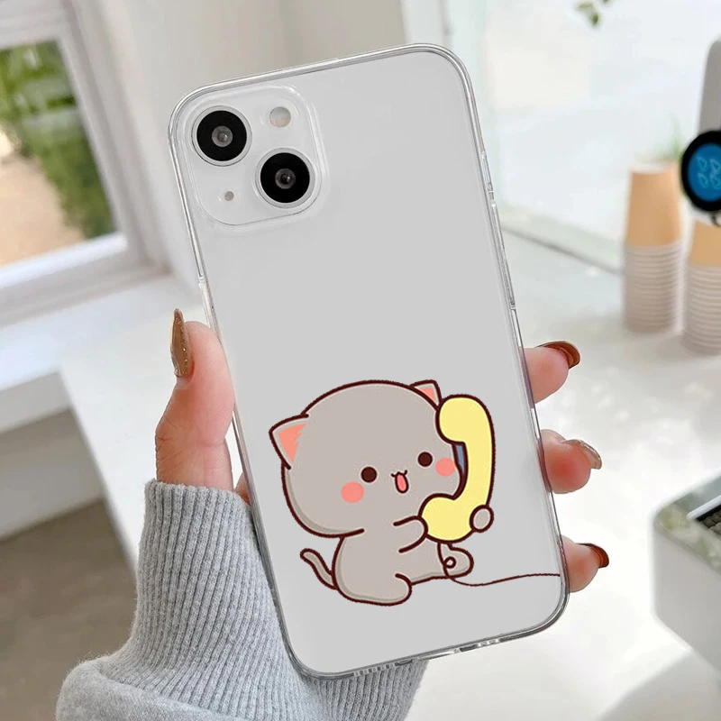 Cartoon Peach Mochi Cat Couple Soft Transparent Phone Case