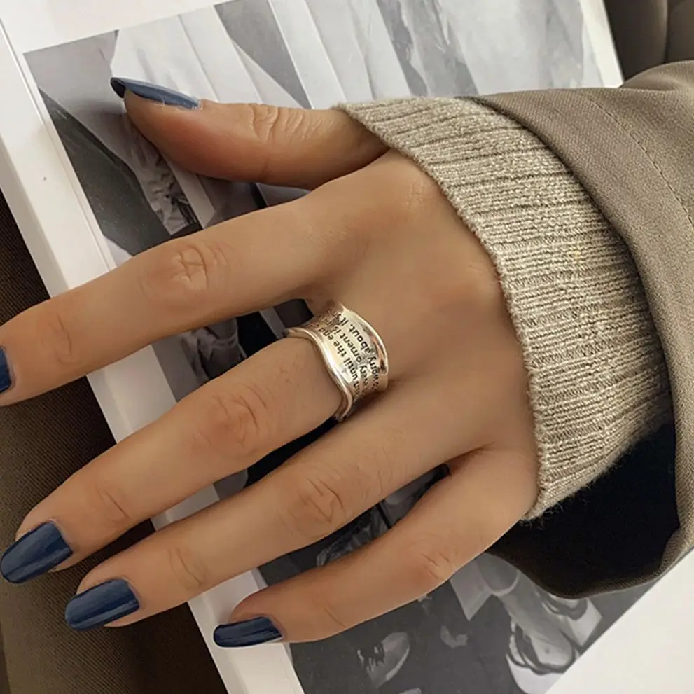 

PANJBJ 925 Sterling Silver Geometric Letter Retro Opening Index Finger Ring Simple Punk Jewelry Party Gift Dropshipping