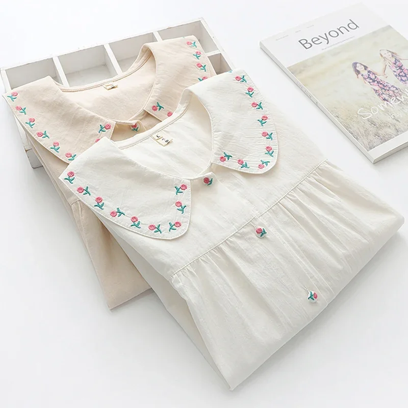 Spring Sweet Mori Girl Flower Embroidery Cotoon Shirt Women Peter Pan Collar Long Sleeve Casual Loose Female Blouse Tops