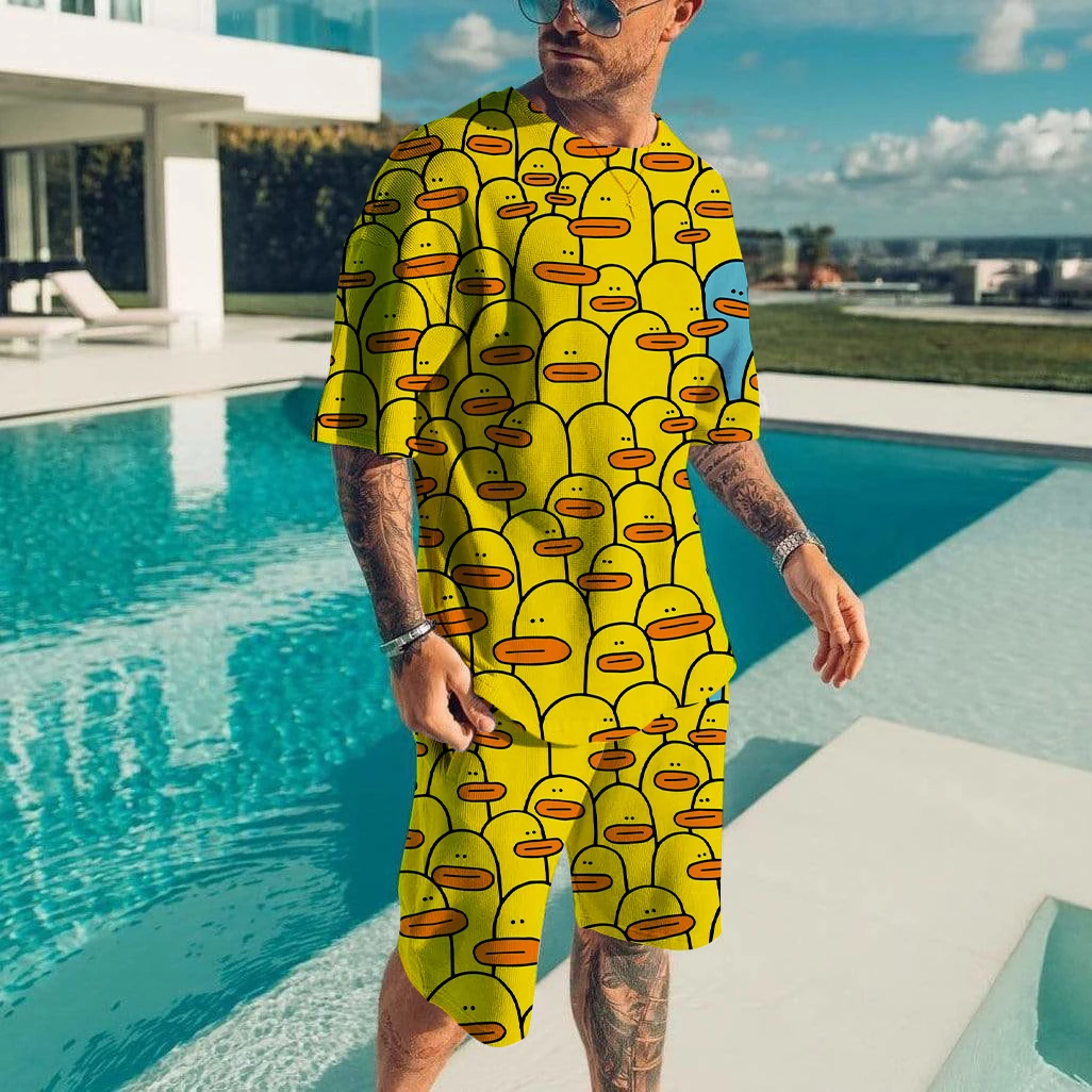 Men's Tracksuit 2 Piece Set Summer Solid Sport Hawaiian Suit Cartoon Short Sleeve T Shirt and Shorts Casual Fashion Man Clothing