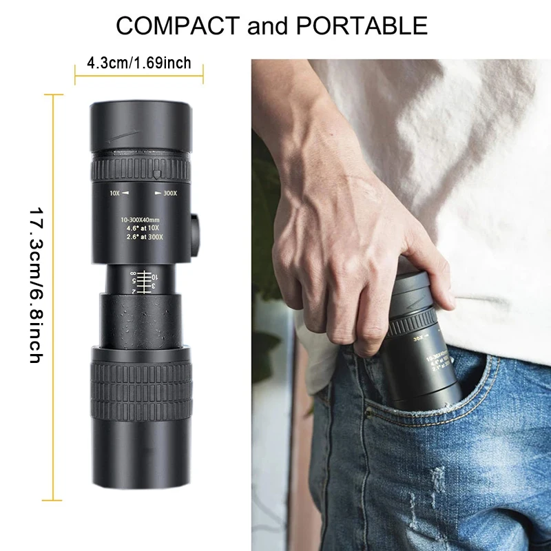 10-300x40 줌 전문 망원경 단안경 HD 휴대용 강력 장거리 단안경 사냥 하이킹 캠핑 여행 스포츠용