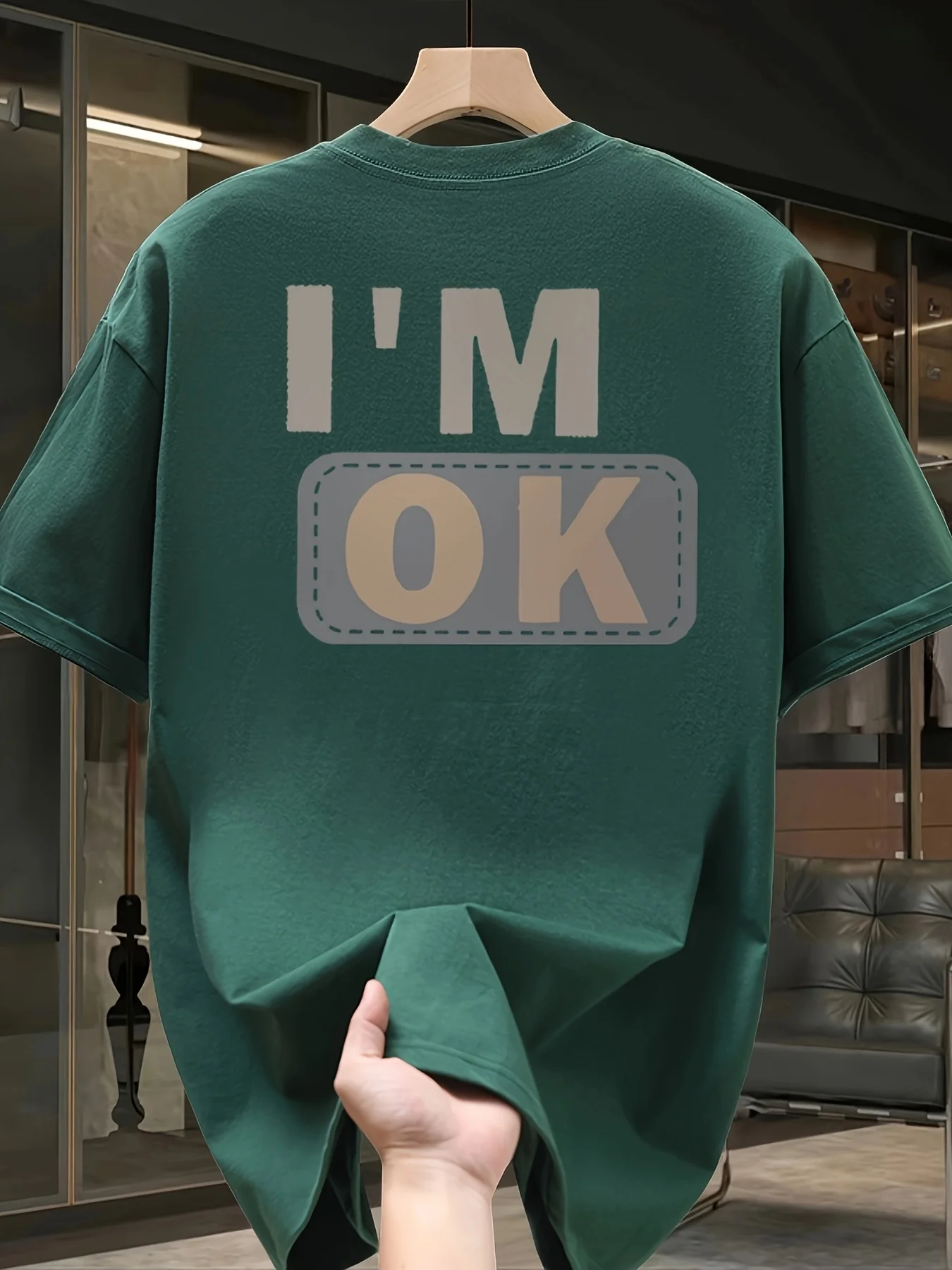 تي شيرت رجالي صيفي 100 قطن عصري كاجوال رياضي فضفاض أنيق مطبوع عليه حروف I'm OK برقبة دائرية وأكمام قصيرة