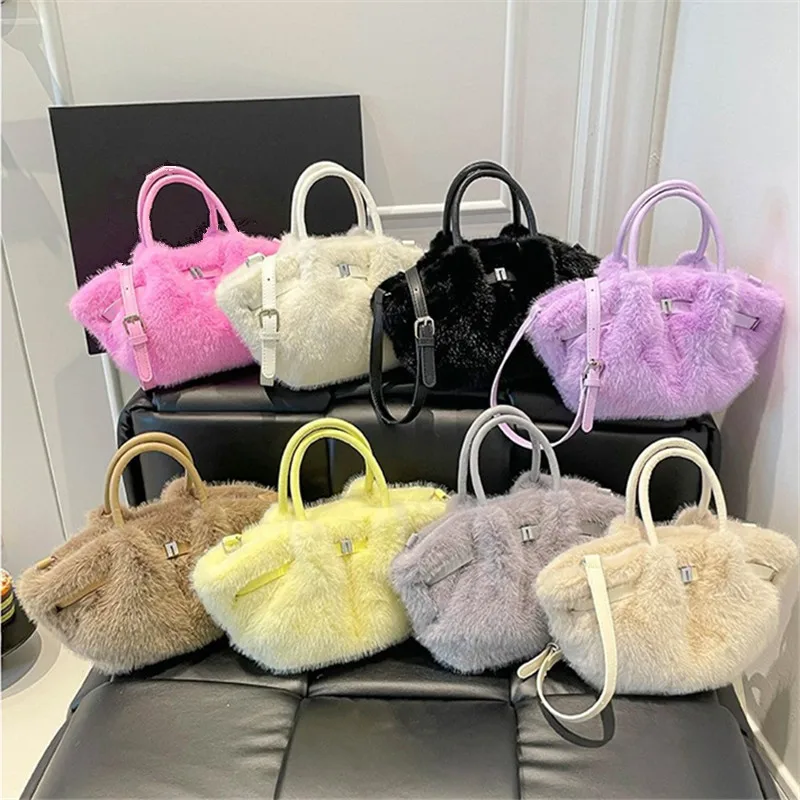 Chic Plush Women's Tote Bag, Imitation Mink Fur Women Handbag, Vegetable Basket Bag, Pleated Bag, Stylish Shoulder Crossbody Bag