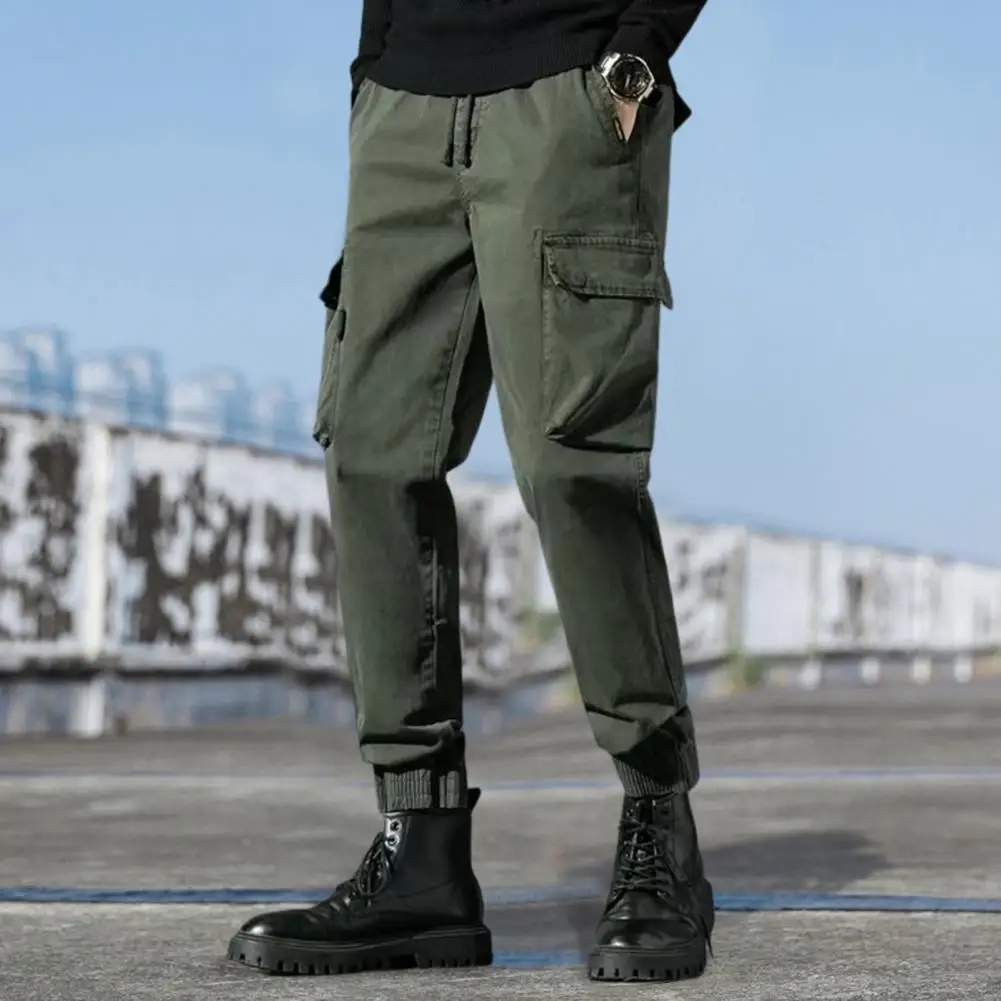

Elastic Waist Trendy Cool Style Cargo Pants Drawstring Ninth Trousers Ankle-banded for School