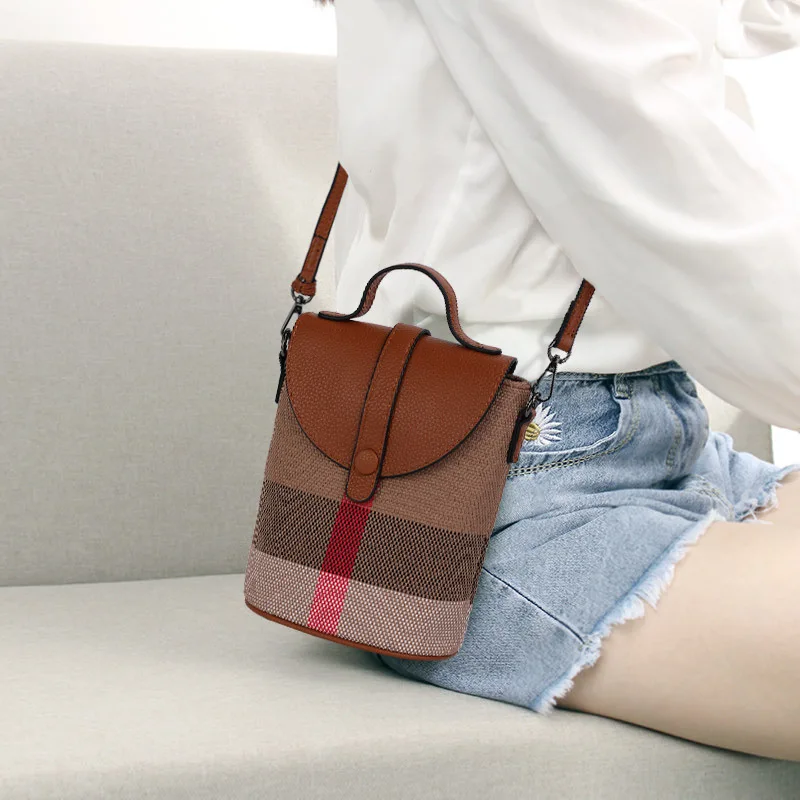 Borsa a tracolla piccola in tela da donna con tracolla in tela mini reticolo con cerniera in pelle per cellulare Borsa a tracolla piccola casual da donna_voghion.com