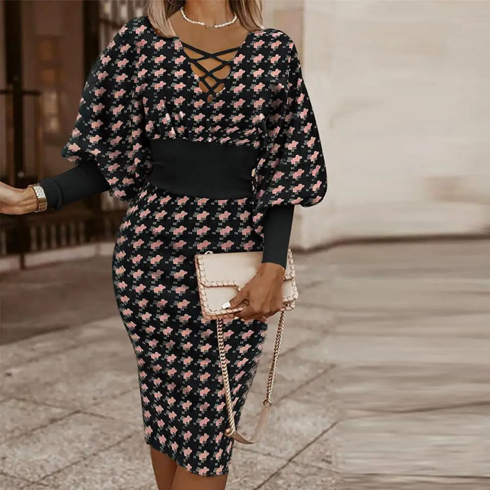 

Ladies Dress Slim Fit Dress Colorful Print V-neck Party Dresses with Elegant Lantern Sleeves High Waist for Women's Formal