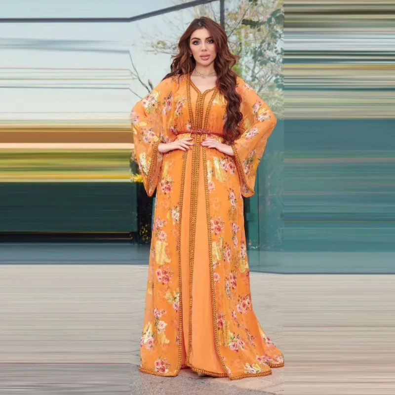 Women's Two-Piece Set Dress Muslim Chiffon Printing Gilded Robe abaya femme  prom dress  hijab dress  prom