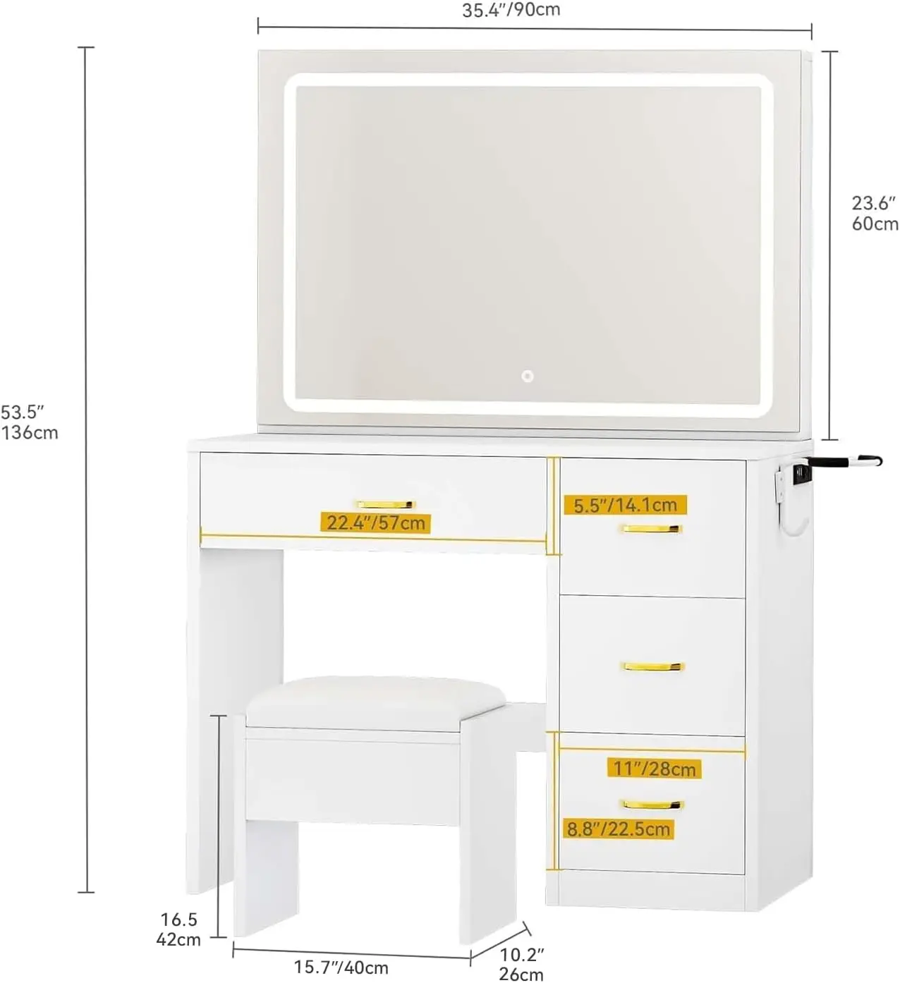 Makeup Vanity with Large Mirror and LED Lights, Vanity Desk Set with Power Outlet & Chair & 3 Lighting Colors, 4 Drawers
