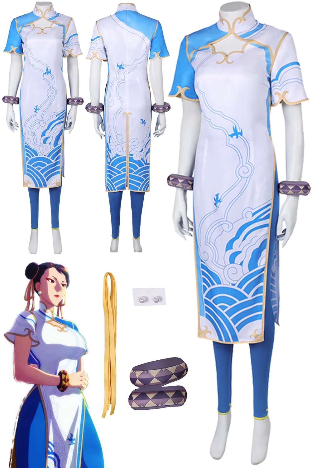 

Women Chun Li Cosplay Cheongsam Costume Anime Fighter Game SF 7 Disguise Headgear Set Ladies Girls Halloween Roleplay Suits