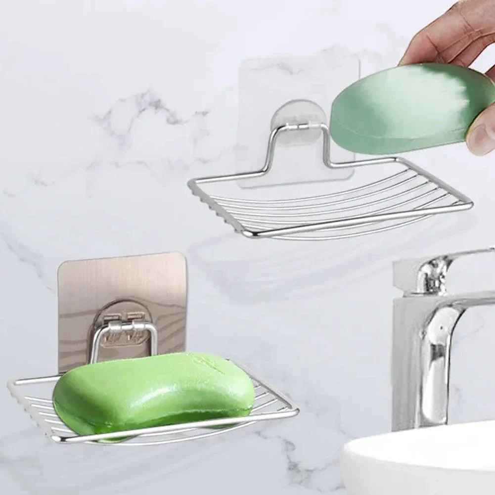 1PC Stainless Steel Soap Rack Punch-free Nail-free Bathroom Single Layer Drain Wall Hanging Sucker Soap Box Light Luxury Shelf 4