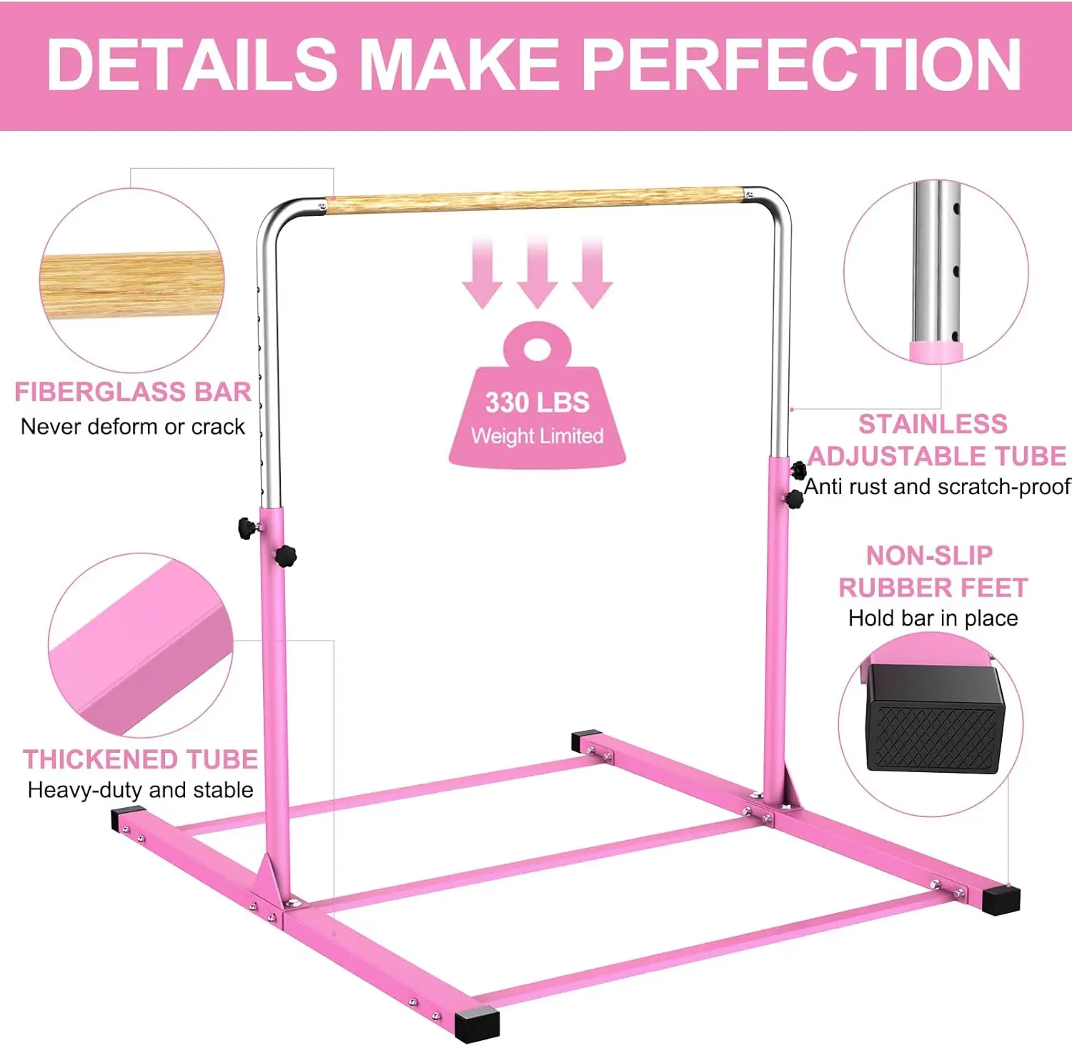 Gymnastics Training Bar- Height Adjustable 3' to 5' Horizontal Kip Bar for Kids