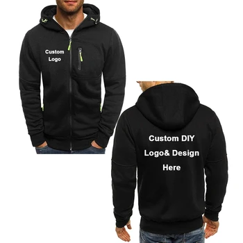 Men's hooded zipper jacket with pockets, custom logo image text, casual sports streetwear, men's cardigan wool sweater, fashion 1