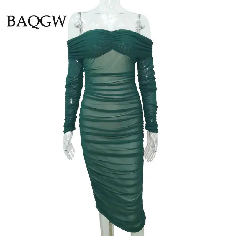 Elegant Off Shoulder Mesh Party Dress Women Clothing Sexy Club Backless  Ruched Bodycon Dresses Long Sleeves Summer Vestidos - AliExpress 200000345