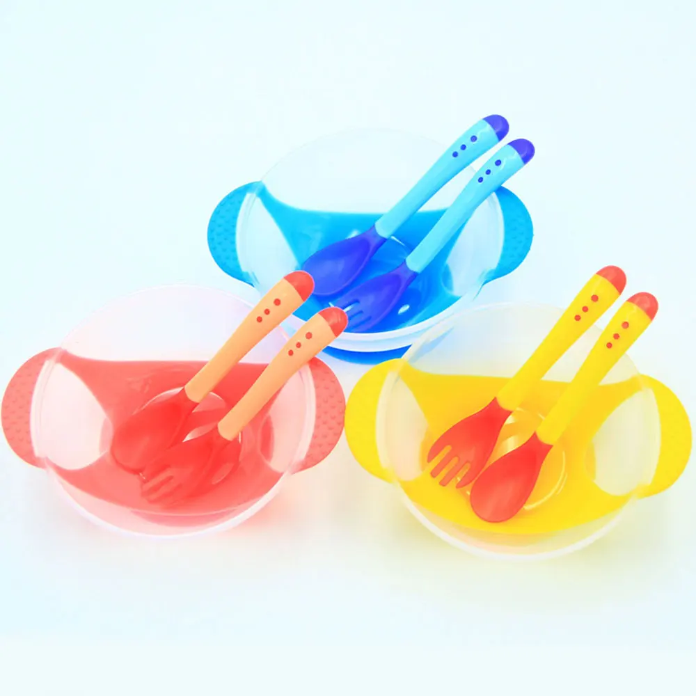 3 Piece Baby Suction Cup Bowl, Spoon and Fork Cutlery Set Photo Accessories 40 Degree Heating Colour Changing Newborn Bowl 1