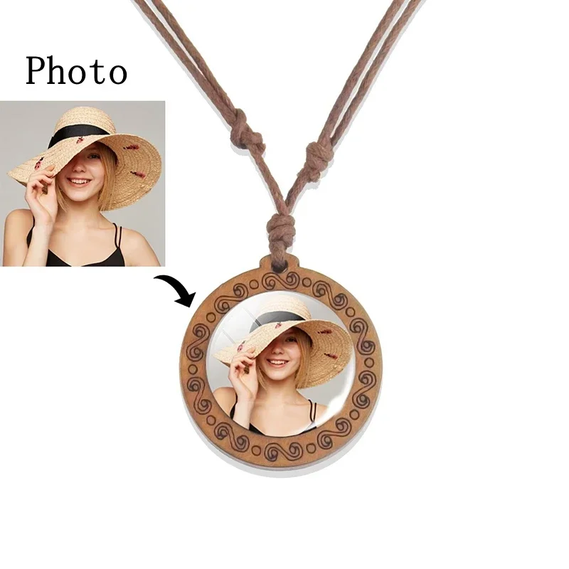 Customized Circular Wooden Frame Personalized Photo New Hanging Rope Necklace Customized Gift wooden bird ladder bridge naturals rope ladder bird toy