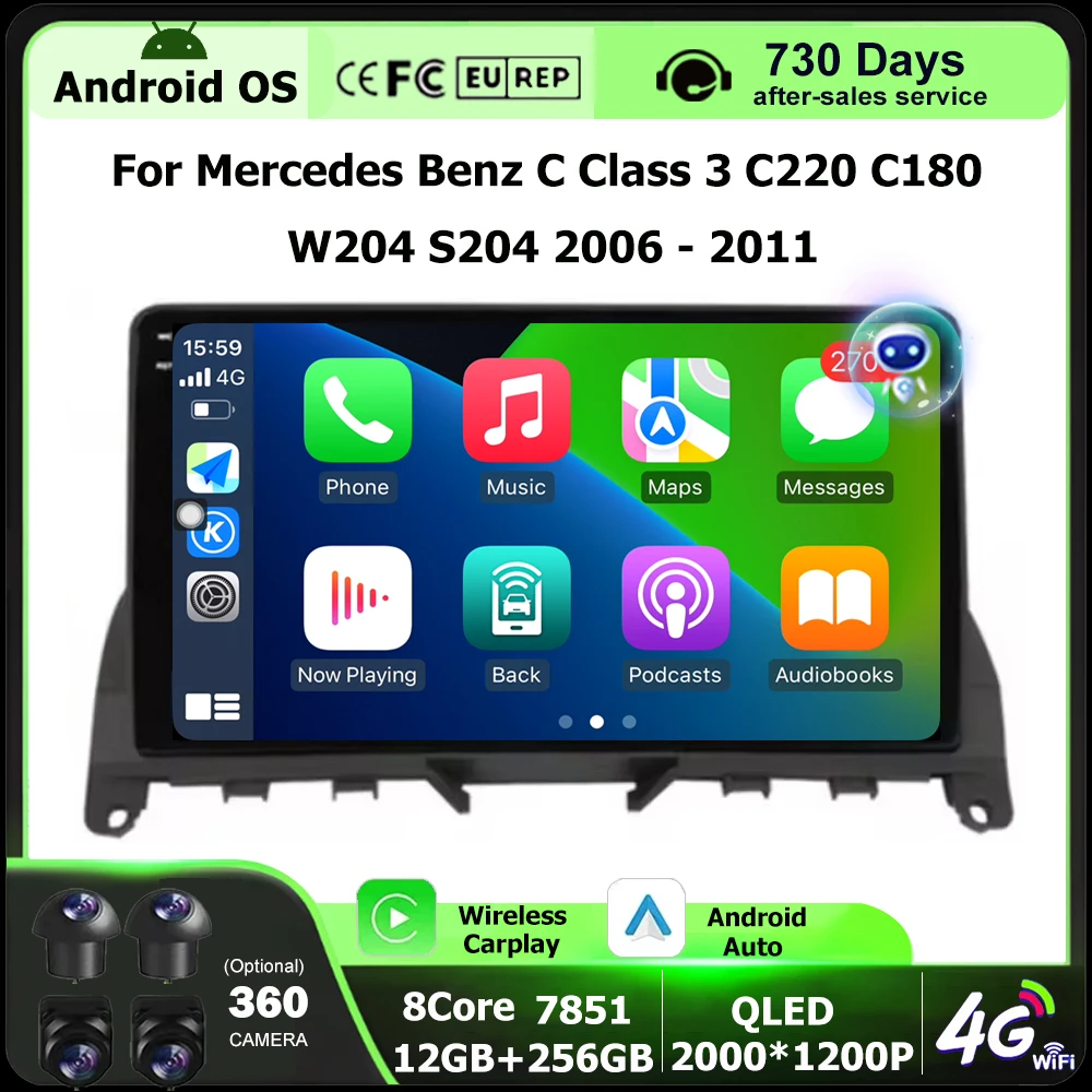 Pantalla de 9 pulgadas para Mercedes Benz Clase C 3 C220 C180 W204 S204 2006-2011 Android 16 Auto Radio estéreo Multimedia Carplay DSP 1