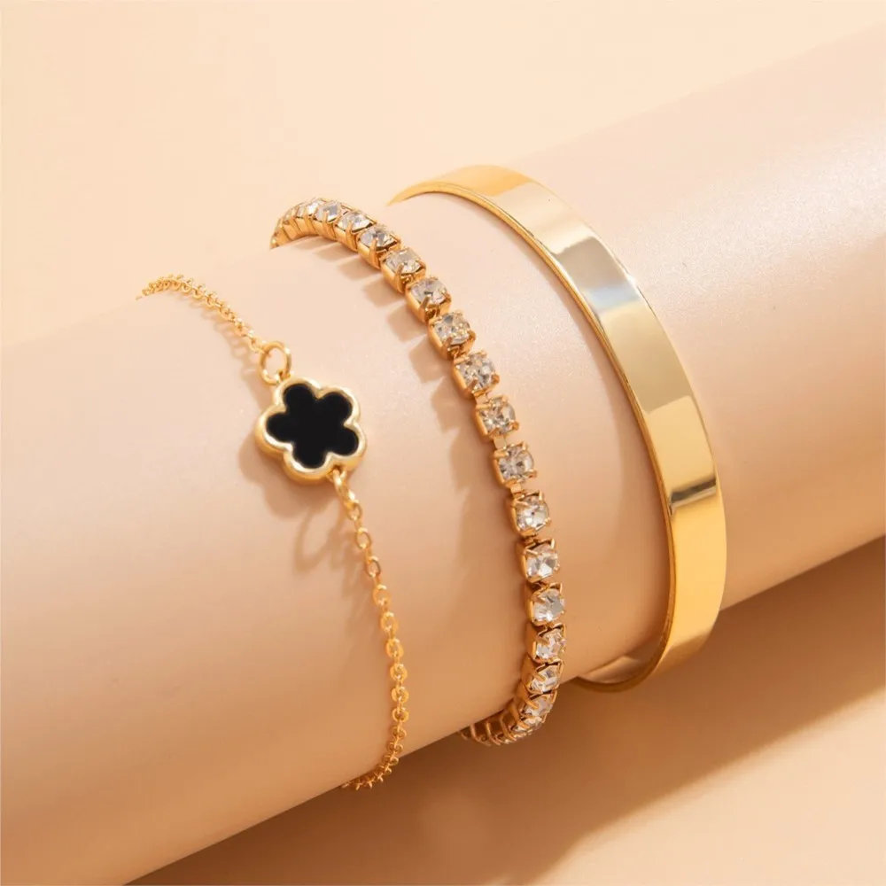3pcs/Set Fashable Rhinestone Clover Pendant Bracelet Set for Women Golden-Tone Geometric Smooth Bangle Party Jewelry Gifts