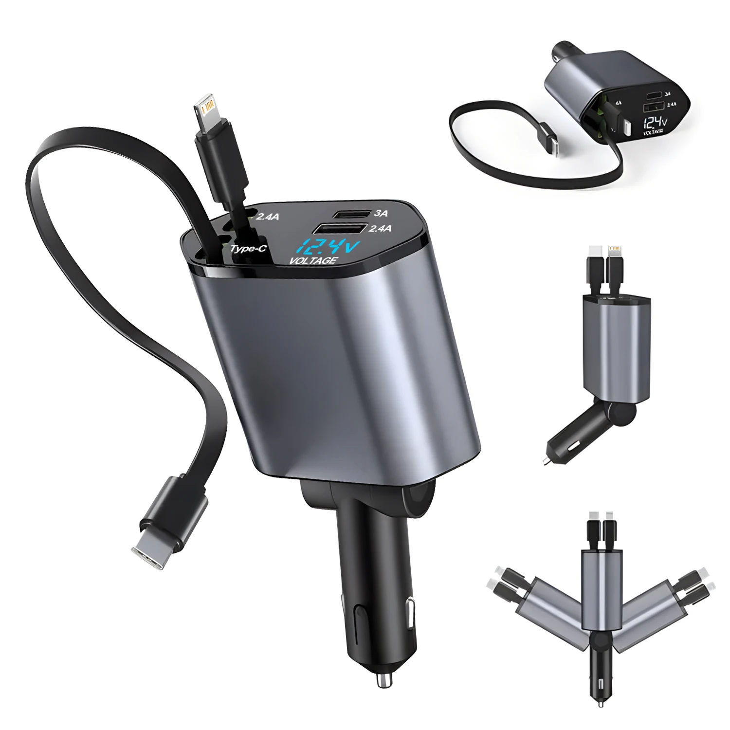 Chargeur de voiture rétractable 4 en 1, 240W/120W, câble de chargeur rapide USB Type C pour IPhone Xiaomi Huawei Samsung