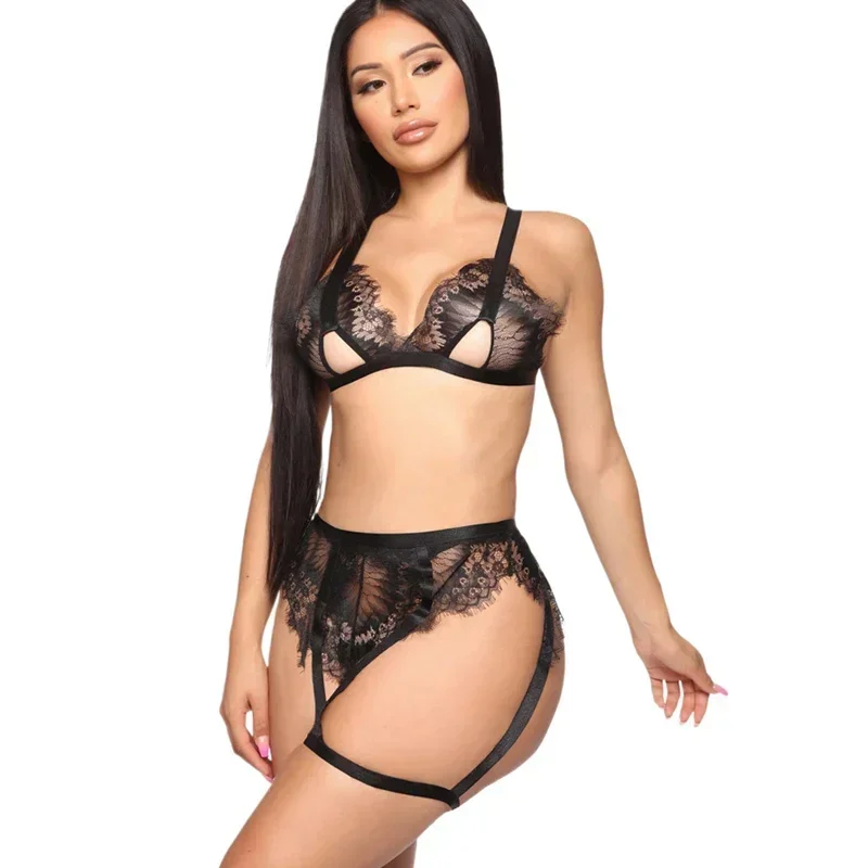 Sexy and Female Underwear Lingeries for Women Hot Women's Black Lace Thin Split Underwear Panty Garter 3-piece Set