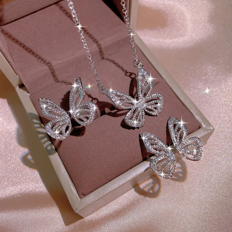 Hot Selling Jewelry Women's Three-piece Fashion Butterfly Shape Jewelry Three-piece Open Adjustable Ring Butterfly Wedding Set