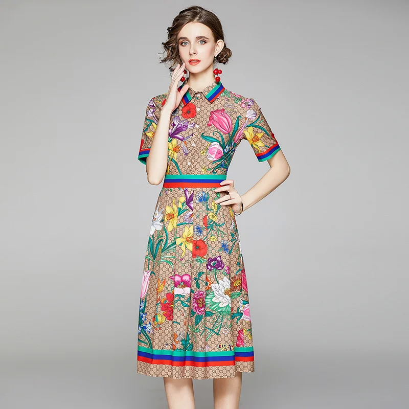 

Runway Flower Dress Summer Dress Shirt Women Buttons Letters C Floral Print Sicilian Short Sleeve Bohemian Beach Dresses Female