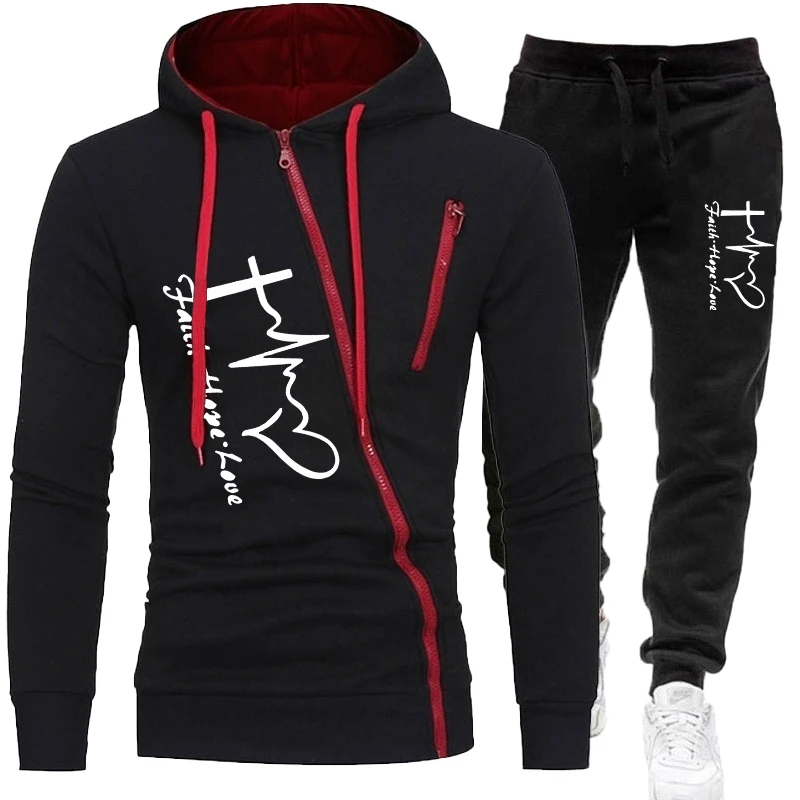 2023 Men's Personalized Oblique Zipper Hoodie Sweatwear Set Men's Hooded Sweatshirt+Pants 2-Piece Set of Sweatwear