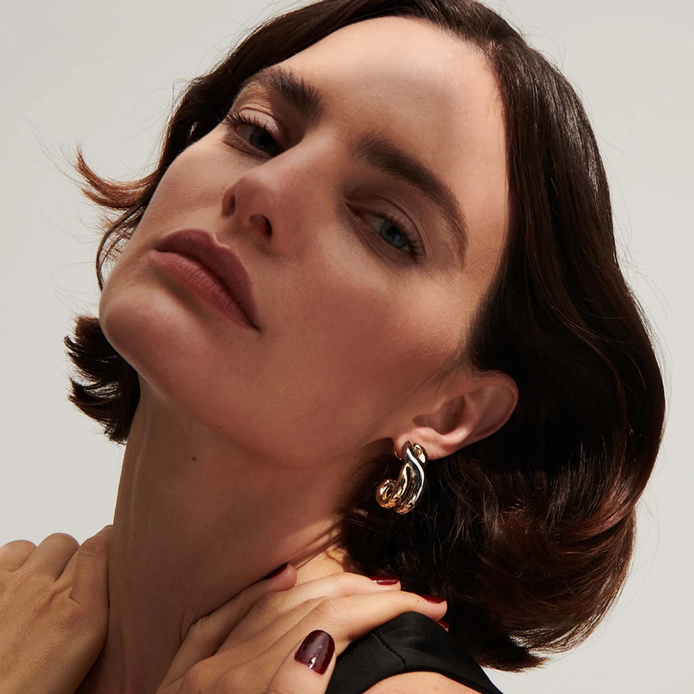 18K Gold Plated Two-tone Double Layer Twist C Shape Hoop Earring Waterproof Hypoallergenic Huggie Earring Statement Jewelry Gift