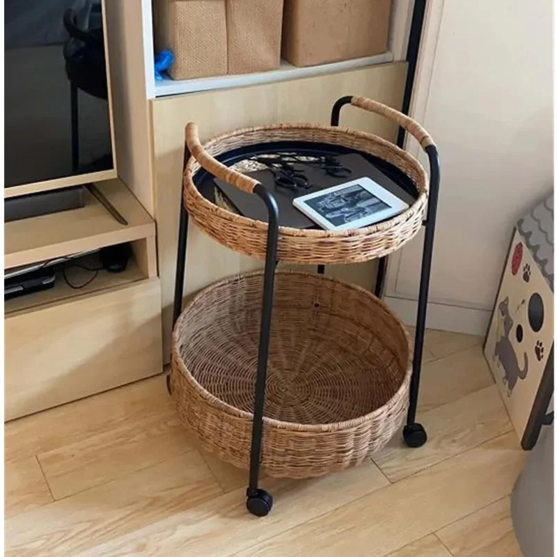 Double Layer Rattan Weaving Coffee Table Living Room Sofa Side Table Metal Black Room Desks Universal Pulley Storage Cart