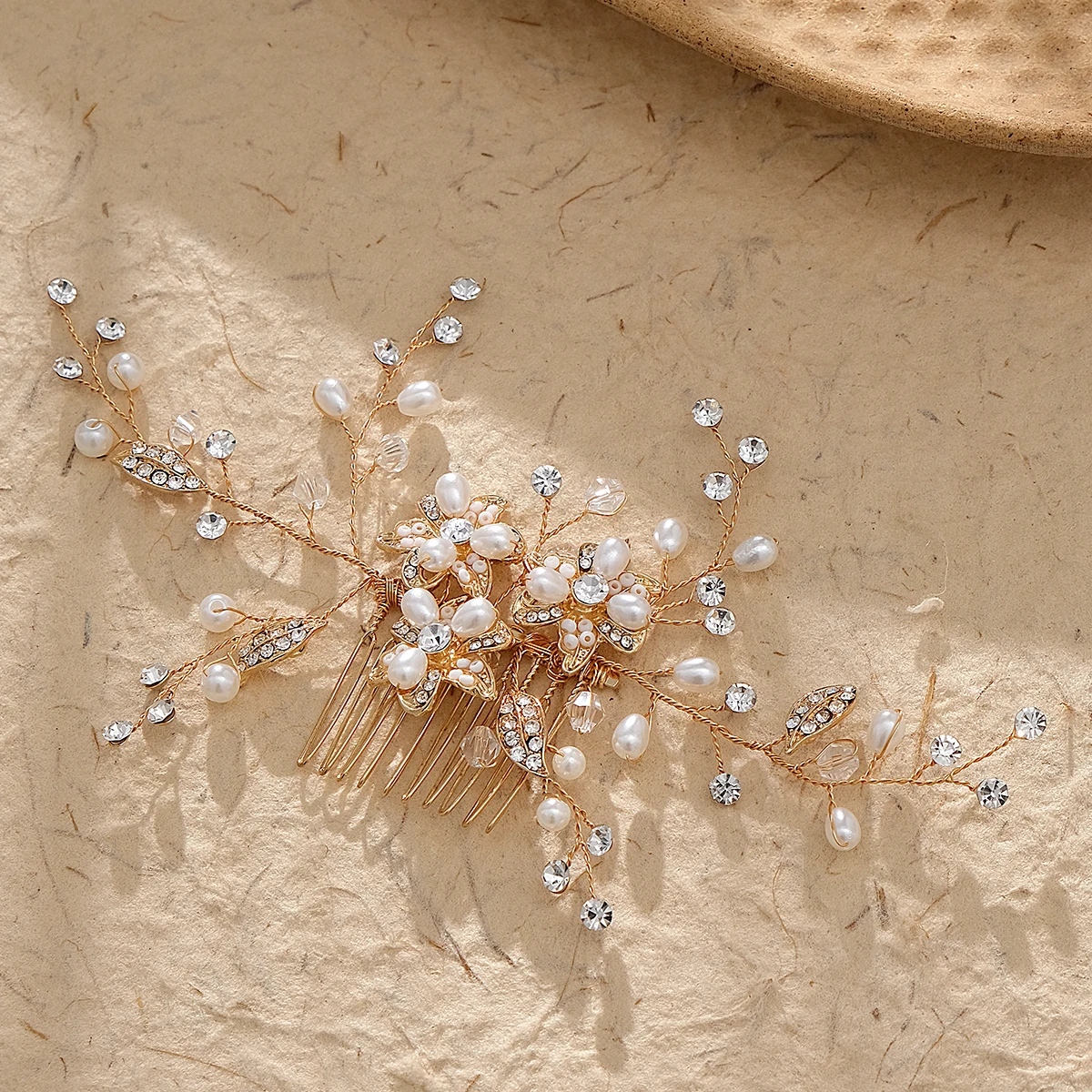 Goldene Mode handgemachte Kristall Perle Blume Haar Kamm Luxus Metall Seite Haar Clips Braut Platte Haar Kopfschmuck Schmuck – Detail 8