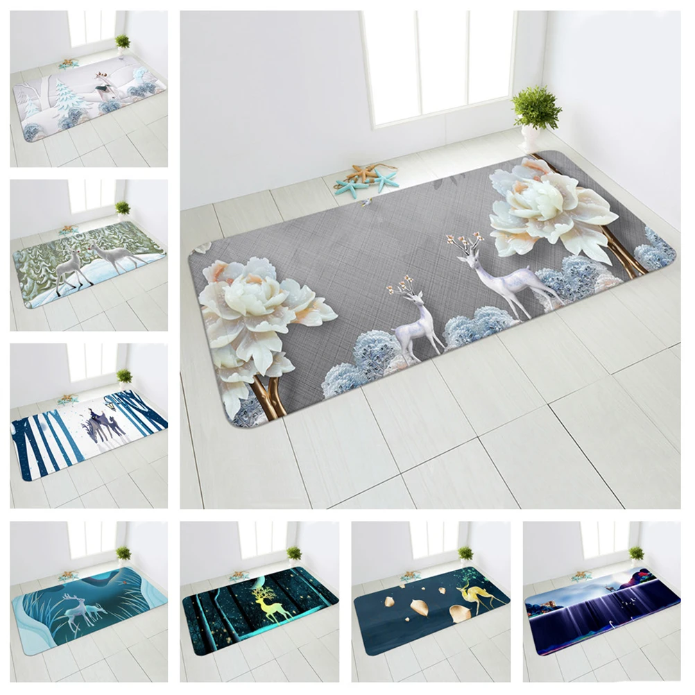 

Christmas Kitchen Mat Bedroom Entrance Doormat Elk Decoration Living Room Carpet Bathroom Non-Slip Rug Home Decor