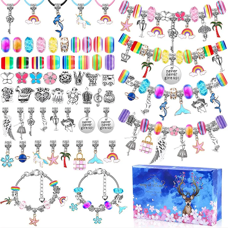 

112 Pieces Metal Accessory Charm Rhinestone Rainbow Glass Beads Link Snake Chain Bracelet Jewelry Making Kit for Girls