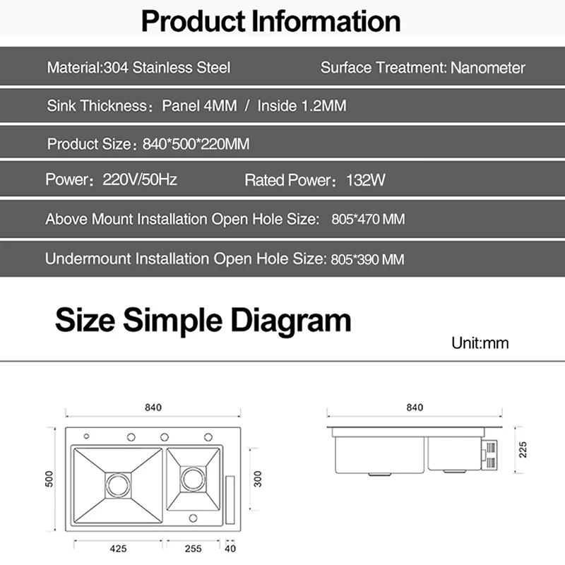 ASRAS Island Smart Purifying Kitchen Sinks SUS 304 4mm Panel Handmade Double Sink Nanometer Smart Purifying Sinks