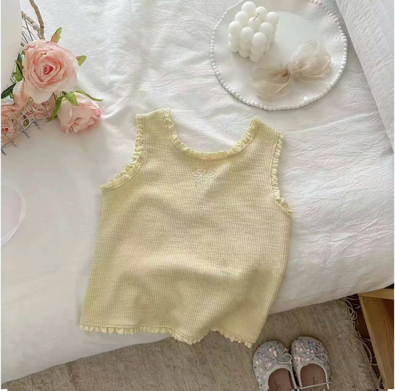 T2582 Girls Embroidered Lace Trim Mini Vest Cute Stylish Summer Wear Striped Camisole Baby Girls Inner Wear Strap Top 4