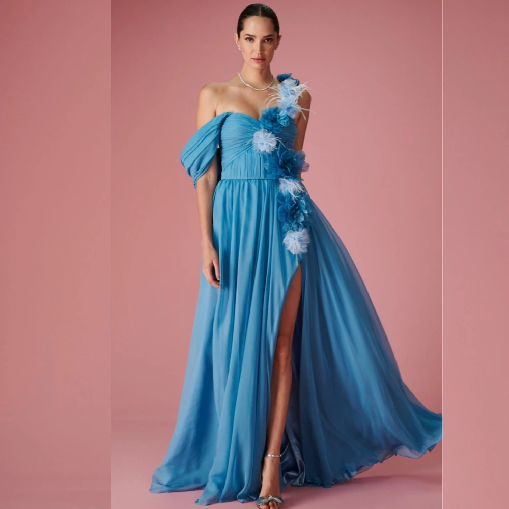 

Chiffon Flower Engagement A-line Off-the-shoulder Bespoke Occasion Gown Midi Dresses