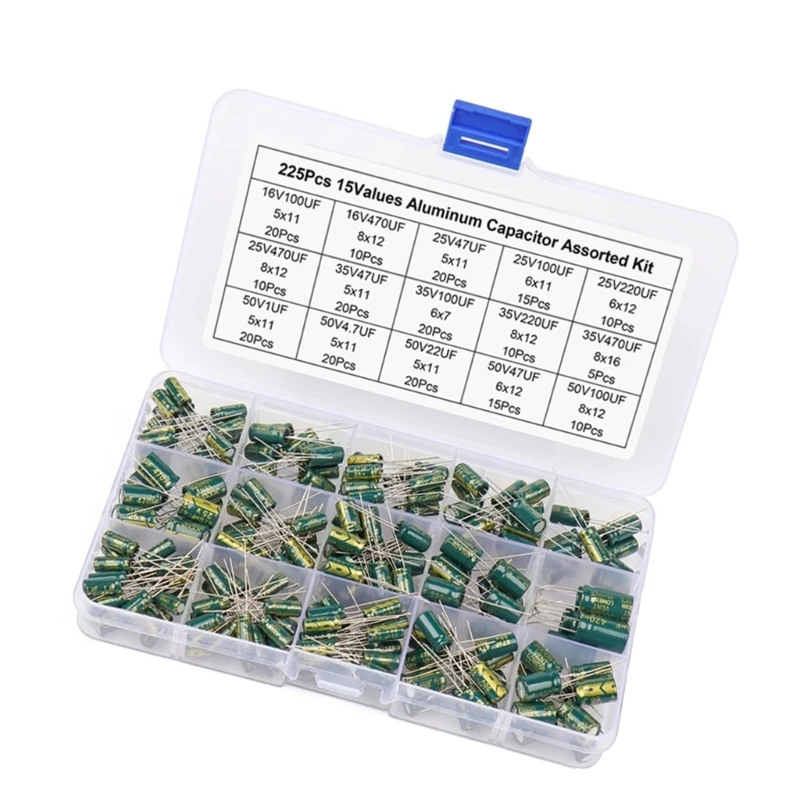 652F 225PCS Assorted Aluminum Capacitors Comprehensive Capacitor Set Simple to Operate for DIY Electronic Projects & Repairs