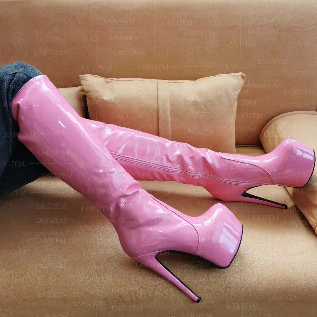 

SEIIHEM Women Knee High Platform Boots Full Zip Up Stiletto Heels Shiny Tall Boots Lady Shoes Woman Botas Large Size 40 42 45 52