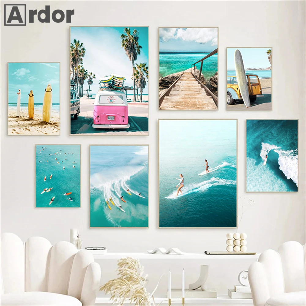 

Beach Surfboard Bus Ocean Wave Surf Canvas Painting Wall Art Print Pictures Miami Surfing Poster Nordic Prints Living Room Decor