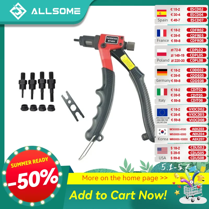 ALLSOME BT-603 Manual Riveter Gun Hand Rivet Tool Kit Rivet Nut Setting Tool Nut Setter M3/M4/M5/M6