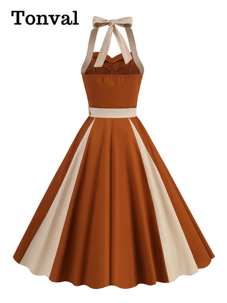 Tonval Brown and Beige Patchwork Vintage Cotton Dresses for Women Sweetheart Neck High Waist Backless Party Dresses 2