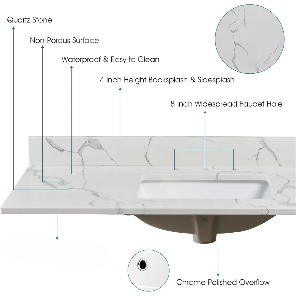 Bathroom Vanity Top with Undermount Rectangular Middle Sink and 4" Height Backsplash, Pre-Drilled 8 Inch Faucet Hole 6