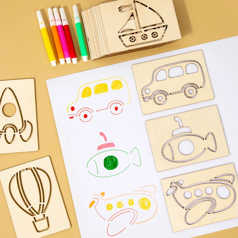 몬테소리 어린이 나무 그림판 장난감 DIY 페인팅 스텐실 템플릿 공예 장난감 퍼즐 조기 교육용 장난감 어린이 선물