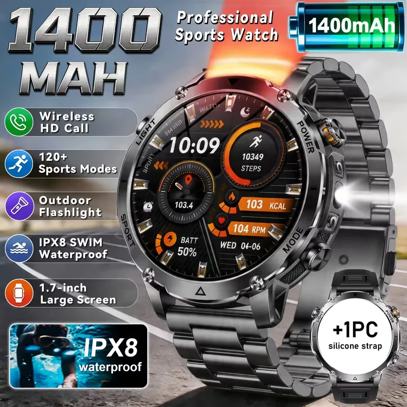 2026 Men SportsWatch, 1.7' Round HD Screen, 1400mAh, Dual LED (SOS Red+White), 120+ Sports, IPX8 Waterproof, Wireless Call, Gift