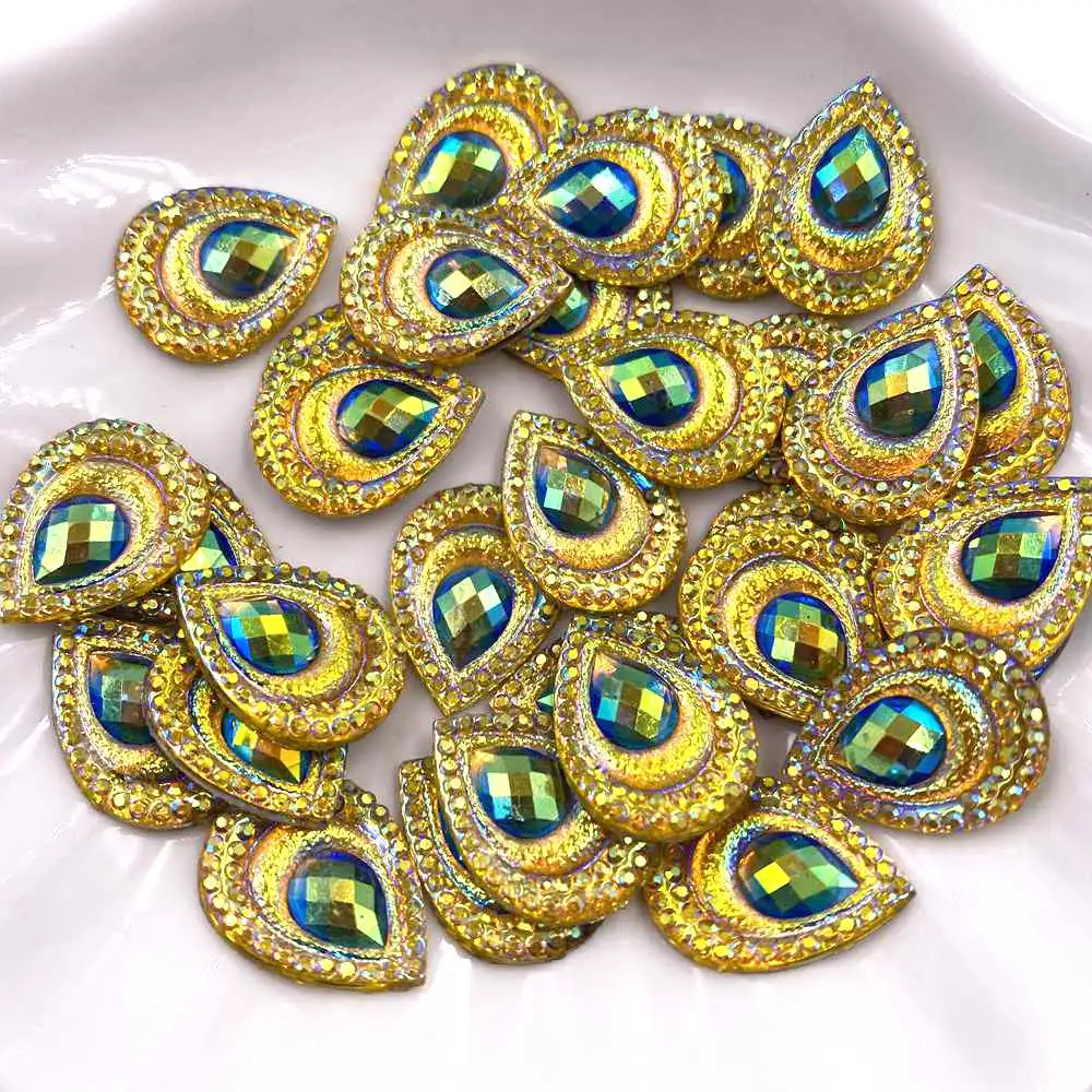 40pcs Resin 13*18mm Colorful AB Black Yellow Drop Peacock eye Flatback Rhinestone Applique Wedding DIY Scrapbook Ornament SC560