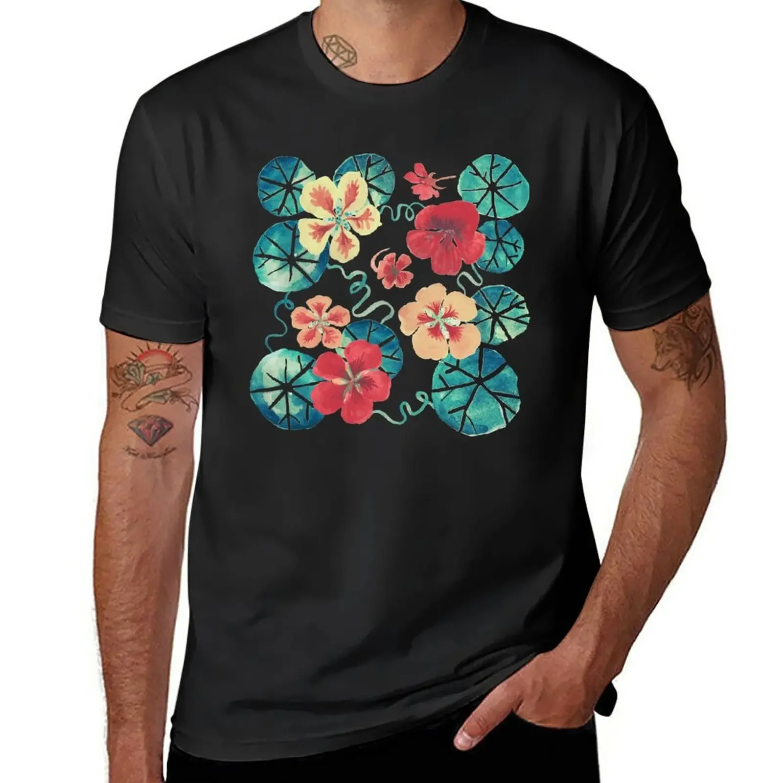 

Watercolor Garden Nasturtiums. Dark Floral Pattern T-Shirt cute tops summer clothes mens tall t shirts