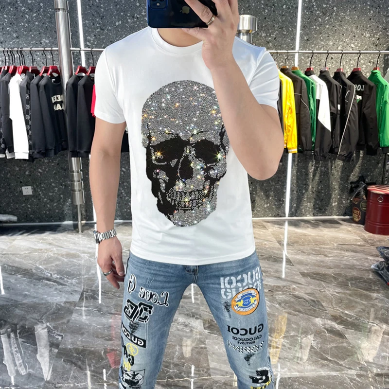 Hip Hop Rhinestone T Shirt Men Skull Print Streetwear