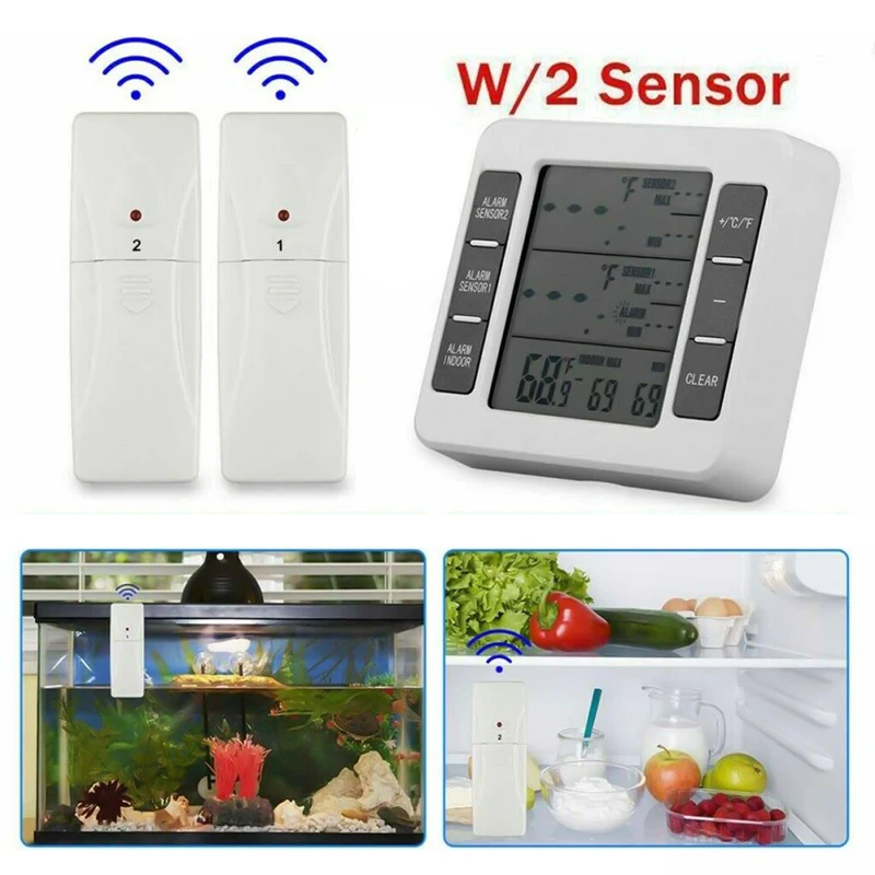Wireless Digital Thermometer Indoor Refrigerator Freezer Audible Alarm w/2Sensor 
